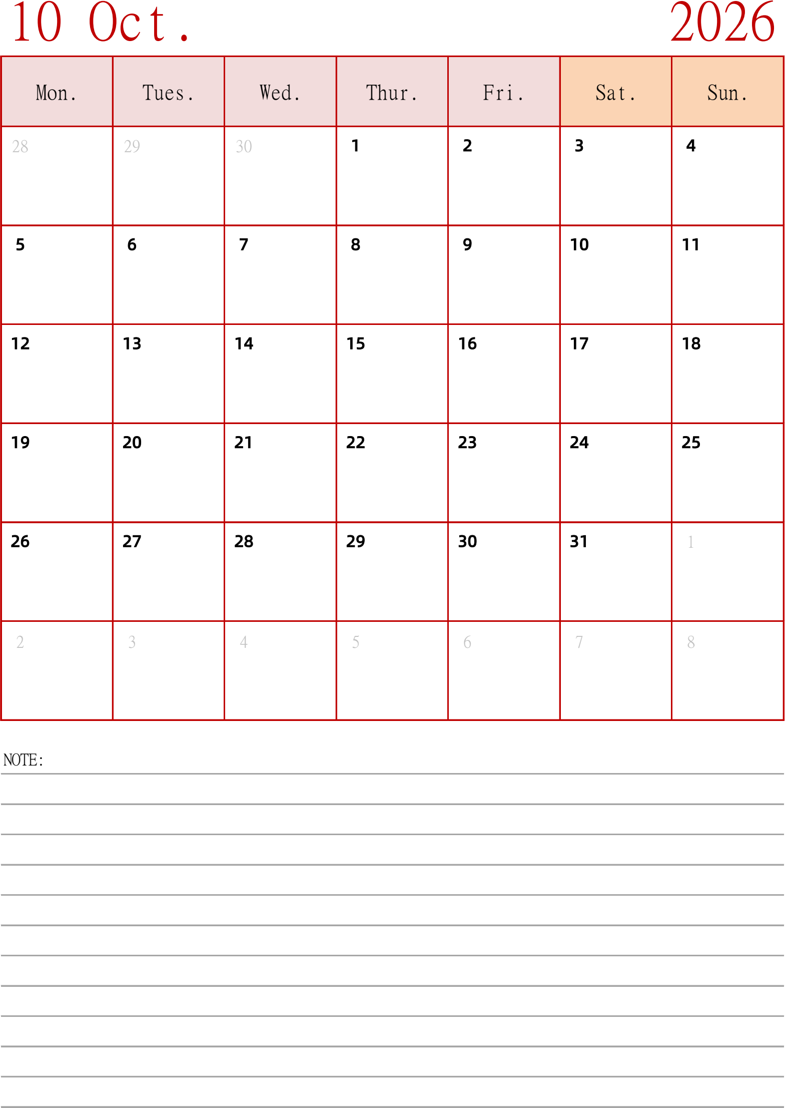 2026日历模板- PDFTalk
